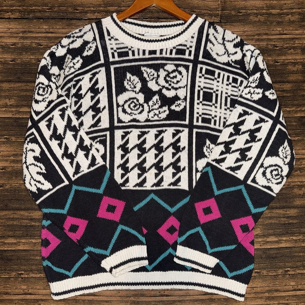 Vintage 80's Cabin Creek Sweater Women PM Multicolor 80s Floral Houndstooth Knit